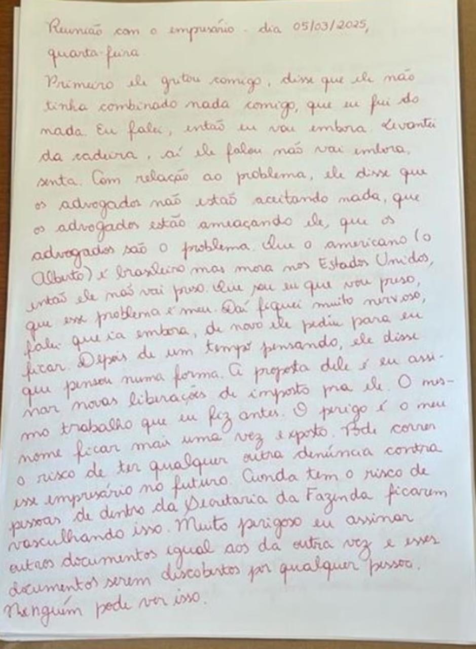 Carta manuscrita atribuída ao fiscal Artur Gomes da Silva Neto
