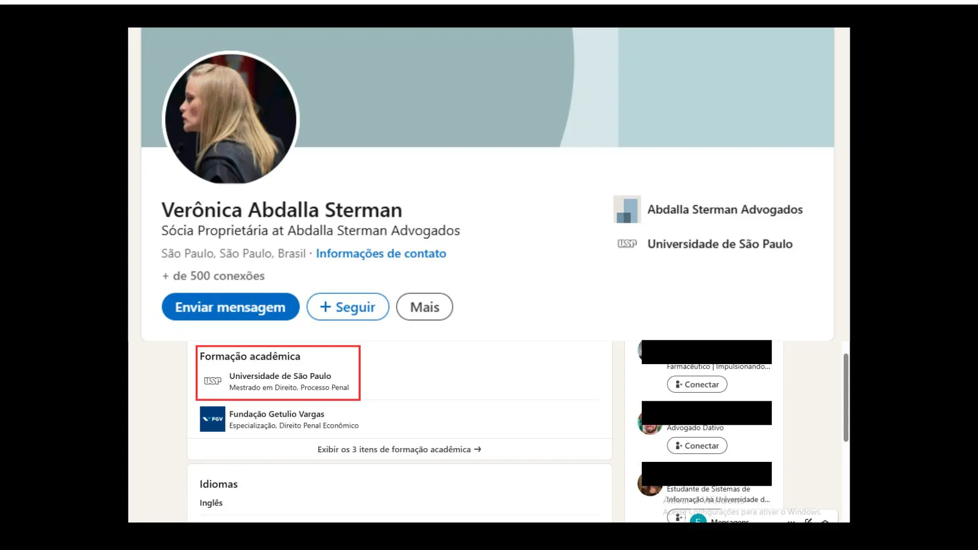 Perfil da advogada na rede social LinkedIn: menção a mestrado em Direito pela USP | Foto: Reprodução/LinkedIn 