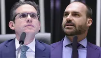Hugo Motta e Eduardo Bolsonaro: presidente da Câmara cede à pressão dos governistas | Foto: Montagem sobre reprodução/Redes sociais