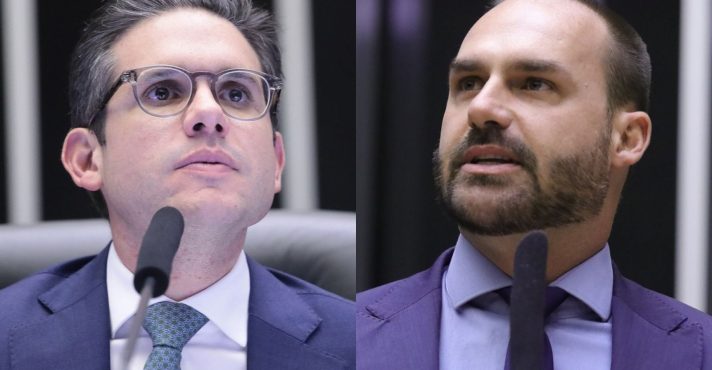 Hugo Motta e Eduardo Bolsonaro: presidente da Câmara cede à pressão dos governistas | Foto: Montagem sobre reprodução/Redes sociais