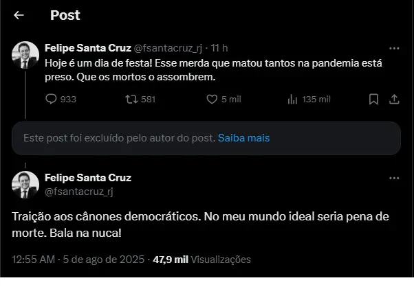 Publicações do ex-presidente da OAB no X
