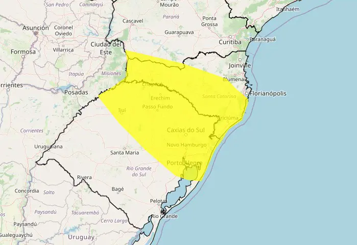 alerta amarelo de chuvas intensas na região sul do brasil - 07082025