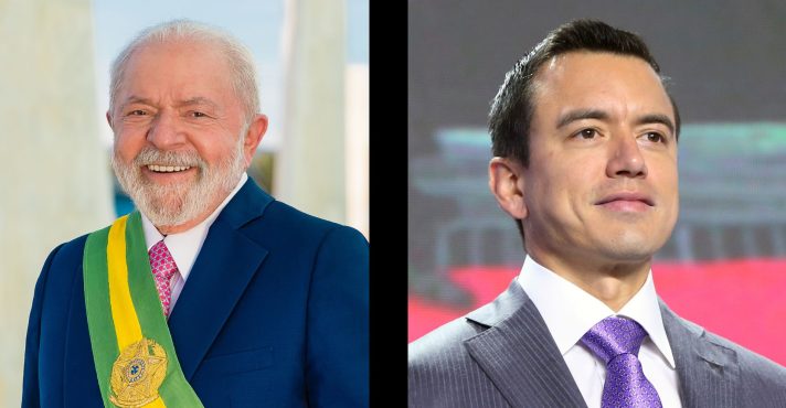 Os presidentes Luiz Inácio Lula da Silva e Daniel Noboa, de Brasil e Equador, respectivamente