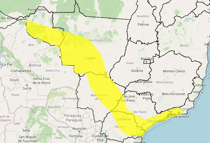 Temperatura cai de 3°c a 5°C nessa regiões em amarelo | Foto: Reprodução/Inmet