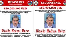 Cartazes, em inglês e espanhol, que oferecerem recompensa pela captura do ditador Nicolas Maduro | Foto: Reprodução