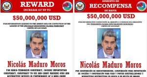 Cartazes, em inglês e espanhol, que oferecerem recompensa pela captura do ditador Nicolas Maduro | Foto: Reprodução