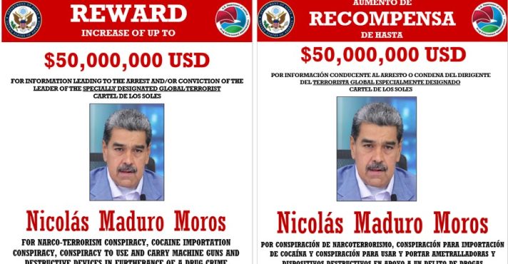 Cartazes, em inglês e espanhol, que oferecerem recompensa pela captura do ditador Nicolas Maduro | Foto: Reprodução