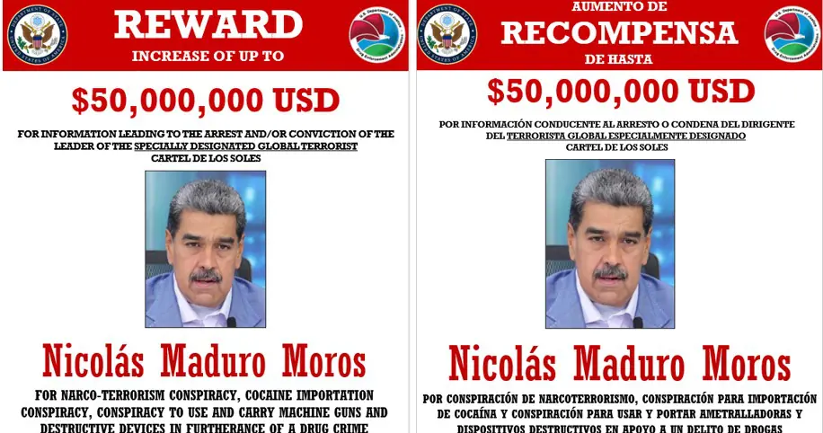 Cartazes, em inglês e espanhol, que oferecerem recompensa pela captura do ditador Nicolas Maduro | Foto: Reprodução