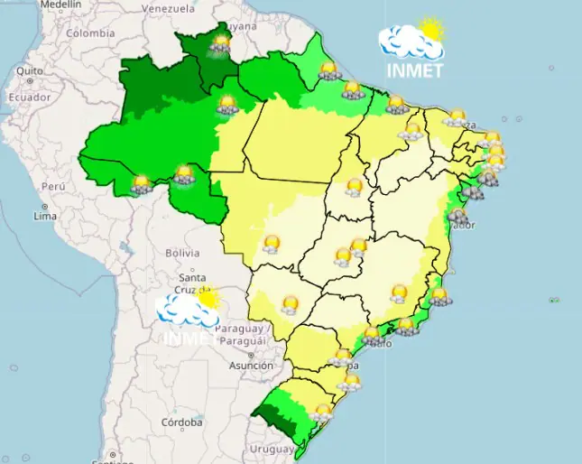 Mapa do Inmet mostra como fica o tempo no país na tarde desta segunda-feira, 18 de agosto; nas áreas verdes, há previsão de chuva; nas claras, o tempo fica seco | Foto: Reprodução/Inmet