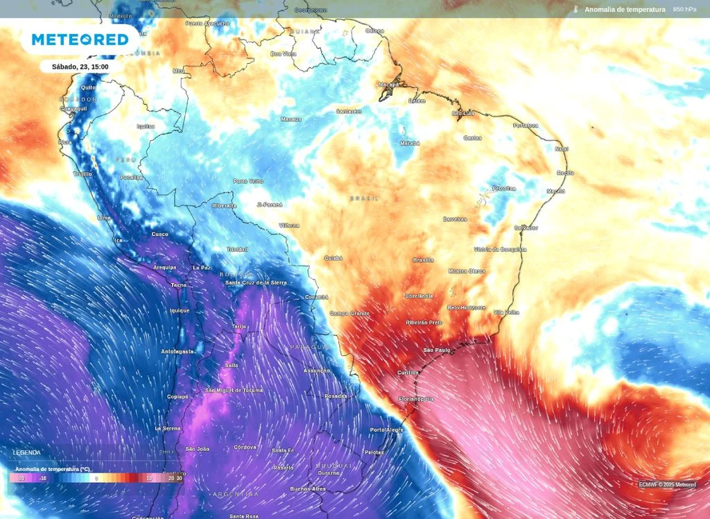 Anomalia de temperatura para a tarde do sábado 23 | Foto: Reprodução/Meteored