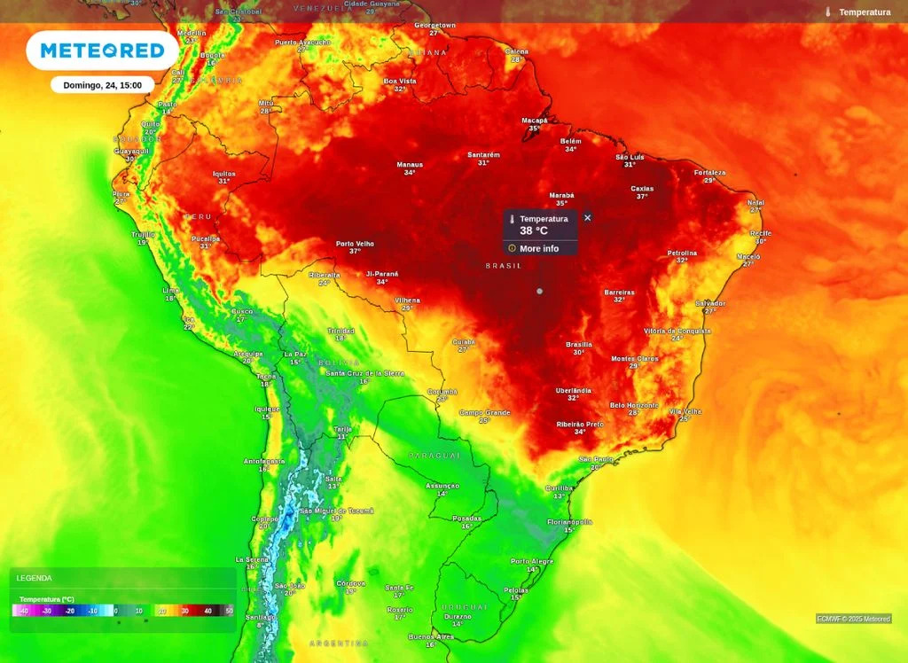 Mapa de temperatura máxima para o domingo 24 | Foto: Reprodução/Meteored