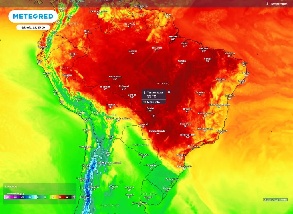 Temperatura máxima para o sábado 23 | Foto: Reprodução/Meteored