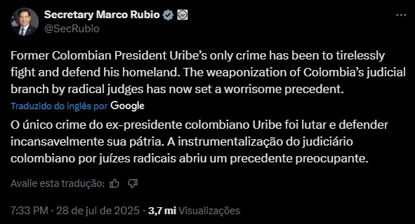 Post de Marco Rubio sobre Álvaro Uribe | Foto: Reprodução/X