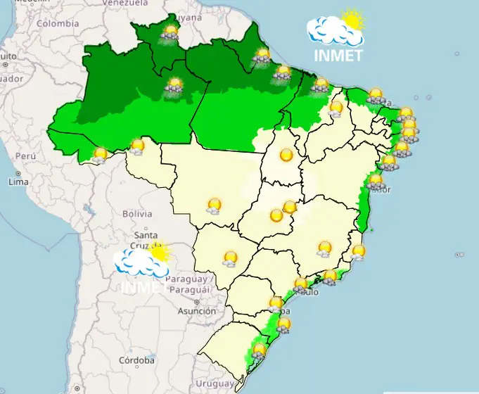 Mapa do Inmet mostra como fica o tempo no país na tarde desta quinta-feira, 14 de agosto; nas áreas verdes, há previsão de chuva; nas claras, o tempo fica seco | Foto: Reprodução/Inmet