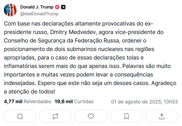 Comunicado de Trump na Truth Social | Foto: Reprodução