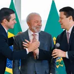 Presidente da Câmara dos Deputados, Deputado Hugo Motta, Presidente da República, Luiz Inácio Lula da Silva, e Presidente do Senado Federal, Senador Davi Alcolumbre, em encontro no Palácio do Planalto, Brasília, DF (3/2/2025) | Foto: Ricardo Stuckert/PR