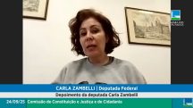 Deputada federal Carla Zambelli depõe à Câmara dos Deputados de maneira on-line