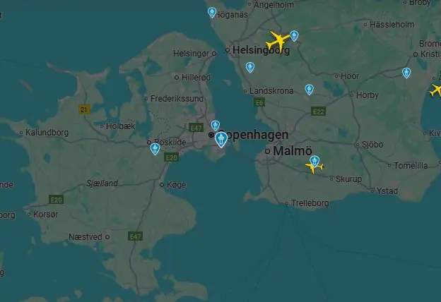 Site de monitoramento aéreo FlightRadar24 mostra o espaço sobre Copenhague: voos suspensos na região | Foto: Reprodução/FlightRadar24