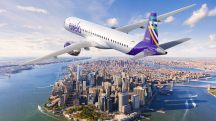 Avião da Avelo em sobrevoo à ilha de Manhatan, em Nova York: primeira companhia dos EUA a operar um E195-E2 | Foto: Divulgação/Avelo Airlines