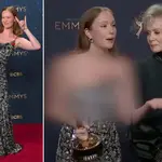 Atriz Hannah Einbinder, durante cerimônia do Emmy e, ao lado, desfocada pelo agência associada ao Hamas | Fotos: Reprodução/Redes sociais