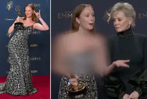 Atriz Hannah Einbinder, durante cerimônia do Emmy e, ao lado, desfocada pelo agência associada ao Hamas | Fotos: Reprodução/Redes sociais