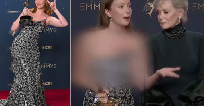 Atriz Hannah Einbinder, durante cerimônia do Emmy e, ao lado, desfocada pelo agência associada ao Hamas | Fotos: Reprodução/Redes sociais
