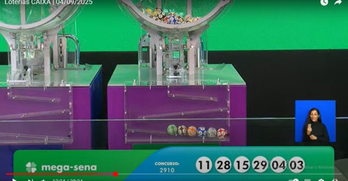 Números do concurso 2910 da Mega-Sena sorteados nesta quinta-feira, 4, em São Paulo | Foto: Reprodução/YouTube