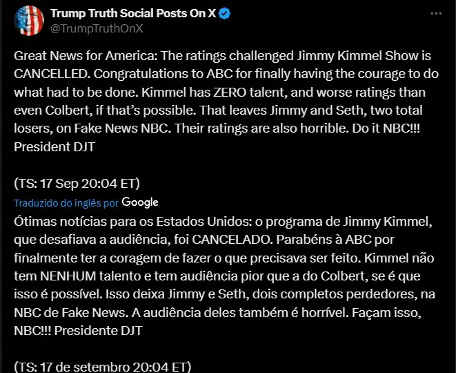 Postagem de Trump a demissão de Kimmel | Foto: Reprodução/X