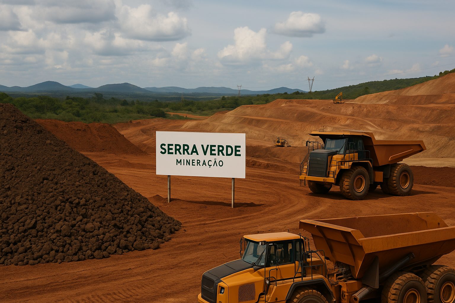 A Mineração Serra Verde, localizada em Minaçu, Goiás, tem capital norte-americano, mas os chineses exercem controle estratégico sobre a produção por causa da capacidade de refino | Foto: Divulgação/Oeste | Imagem criada com o auxílio de inteligência artificial
