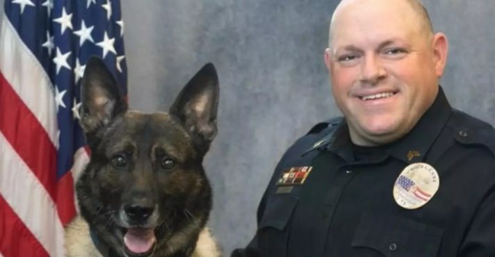 O pastor alemão K-9 e o sargento Barry Sullivan: quase dez anos depois, 'aposentadoria' comovente | Foto: Reprodução/Twitter/X