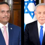 À esquerda, o xeique Mohammed bin Abdulrahman al-Thani; à direita, o primeira-ministro de Israel, Benjamin Netanyahu