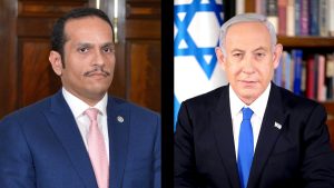 À esquerda, o xeique Mohammed bin Abdulrahman al-Thani; à direita, o primeira-ministro de Israel, Benjamin Netanyahu
