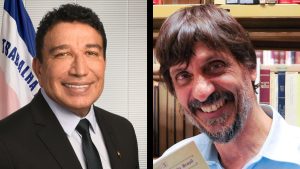 À esquerda, o senador Magno Malta (PL-ES); à direita, o historiador Eduardo Bueno