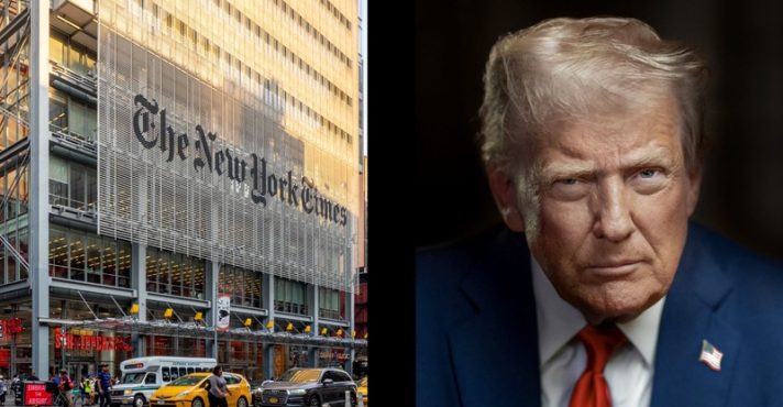 À esquerda, fachada do NYT; à direita, presidente dos EUA, Donald Trump
