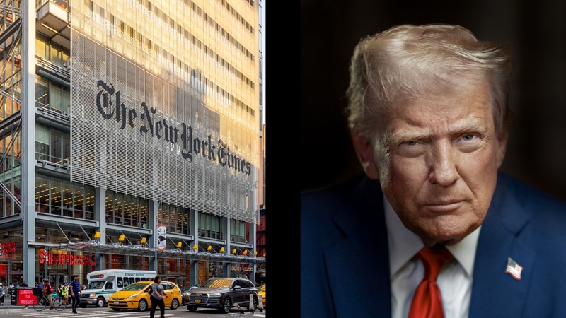 À esquerda, fachada do NYT; à direita, presidente dos EUA, Donald Trump