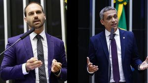 À esquerda, Eduardo Bolsonaro (PL-SP); à direita, Gustavo Gayer (PL-G); deputados federais na mira de Alexandre de Moraes