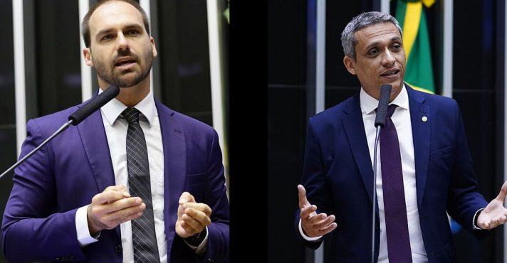 À esquerda, Eduardo Bolsonaro (PL-SP); à direita, Gustavo Gayer (PL-G); deputados federais na mira de Alexandre de Moraes
