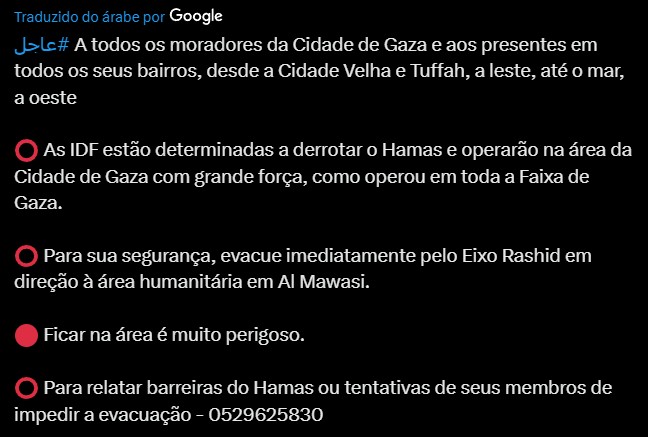 Postagem no X do Avichay Adraee, porta-voz das IDF em árabe, com tradução do Google | Foto: Reprodução/X