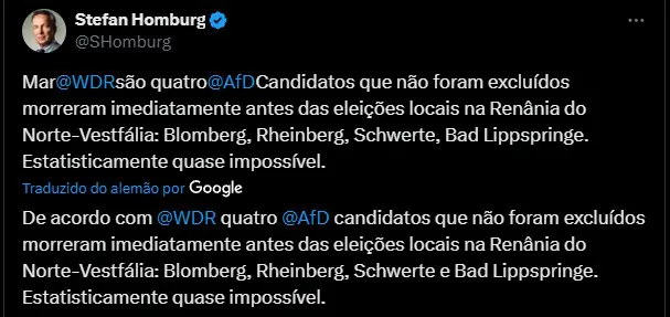 Print do comentário do economista Stefan Homburg, traduzido pelo X | Foto: Reprodução/X