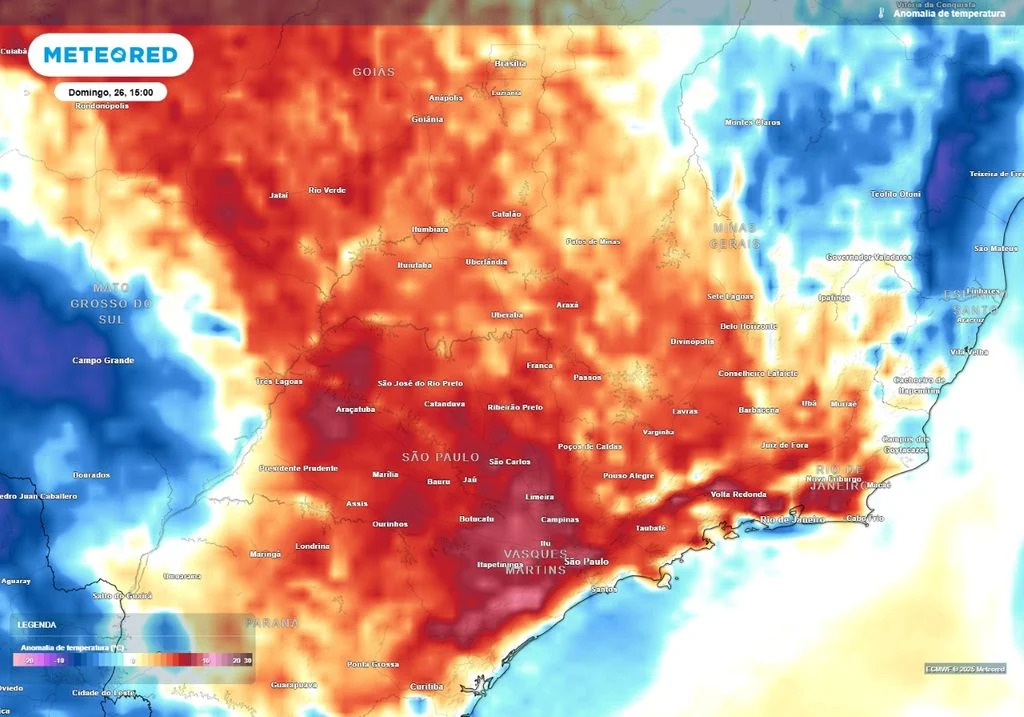 O ar quente vindo do Centro-Oeste e do Norte do país deve elevar as temperaturas a patamares de verão | Foto: Divulgação/Meteored