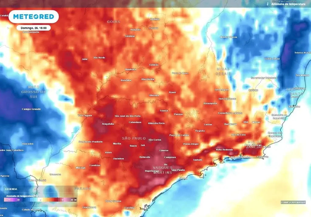 O ar quente vindo do Centro-Oeste e do Norte do país deve elevar as temperaturas a patamares de verão | Foto: Divulgação/Meteored