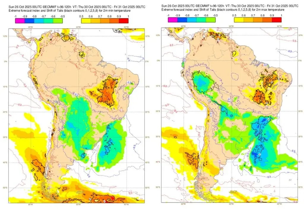 Modelos meteorológicos europeus (ECMWF) classificam a anomalia térmica como incomum para esta época do ano, especialmente entre Florianópolis e São Paulo | Foto: Divulgação/Meteored