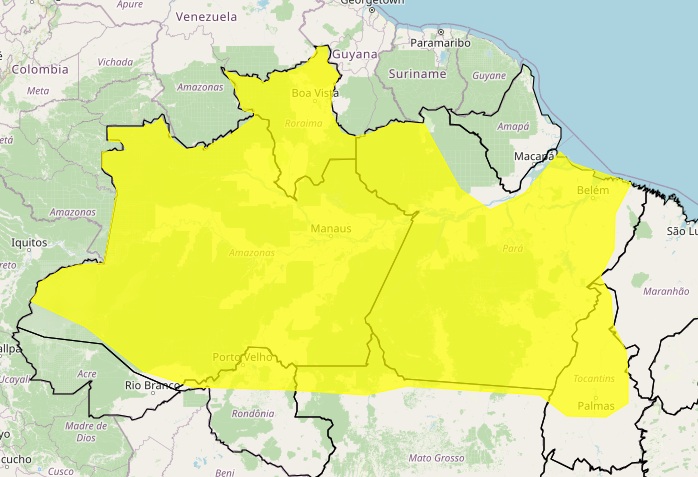 Inmet coloca região em amarelo em alerta para chuvas expressivas