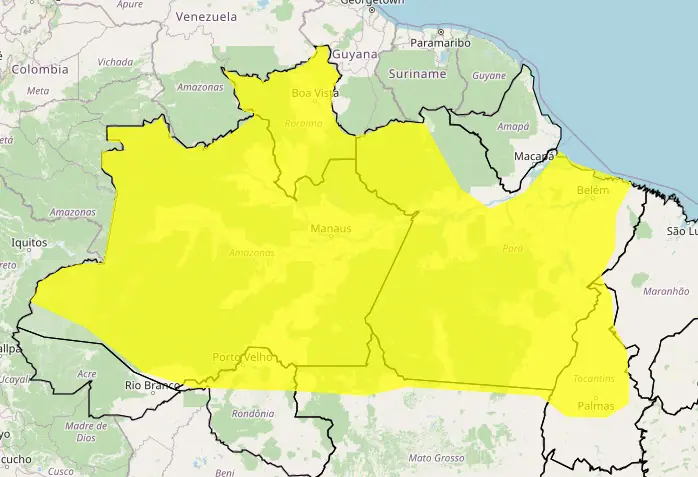 Inmet coloca região em amarelo em alerta para chuvas expressivas