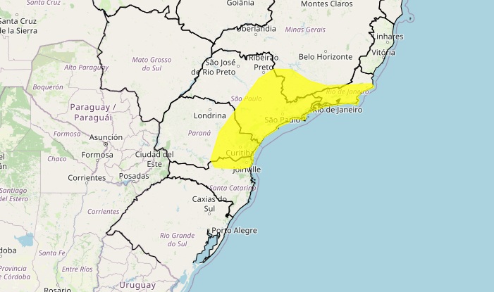 Inmet coloca área em amarelo em alerta para chuvas expressivas