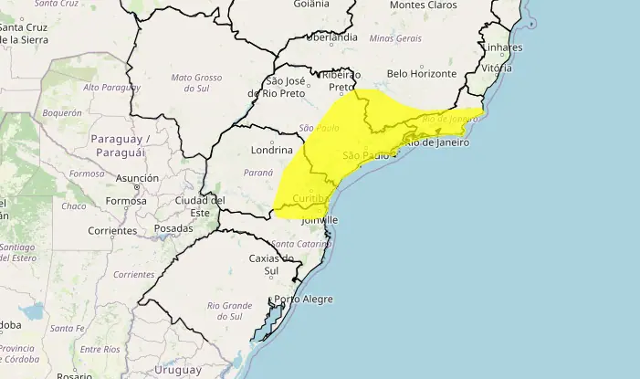 Inmet coloca área em amarelo em alerta para chuvas expressivas
