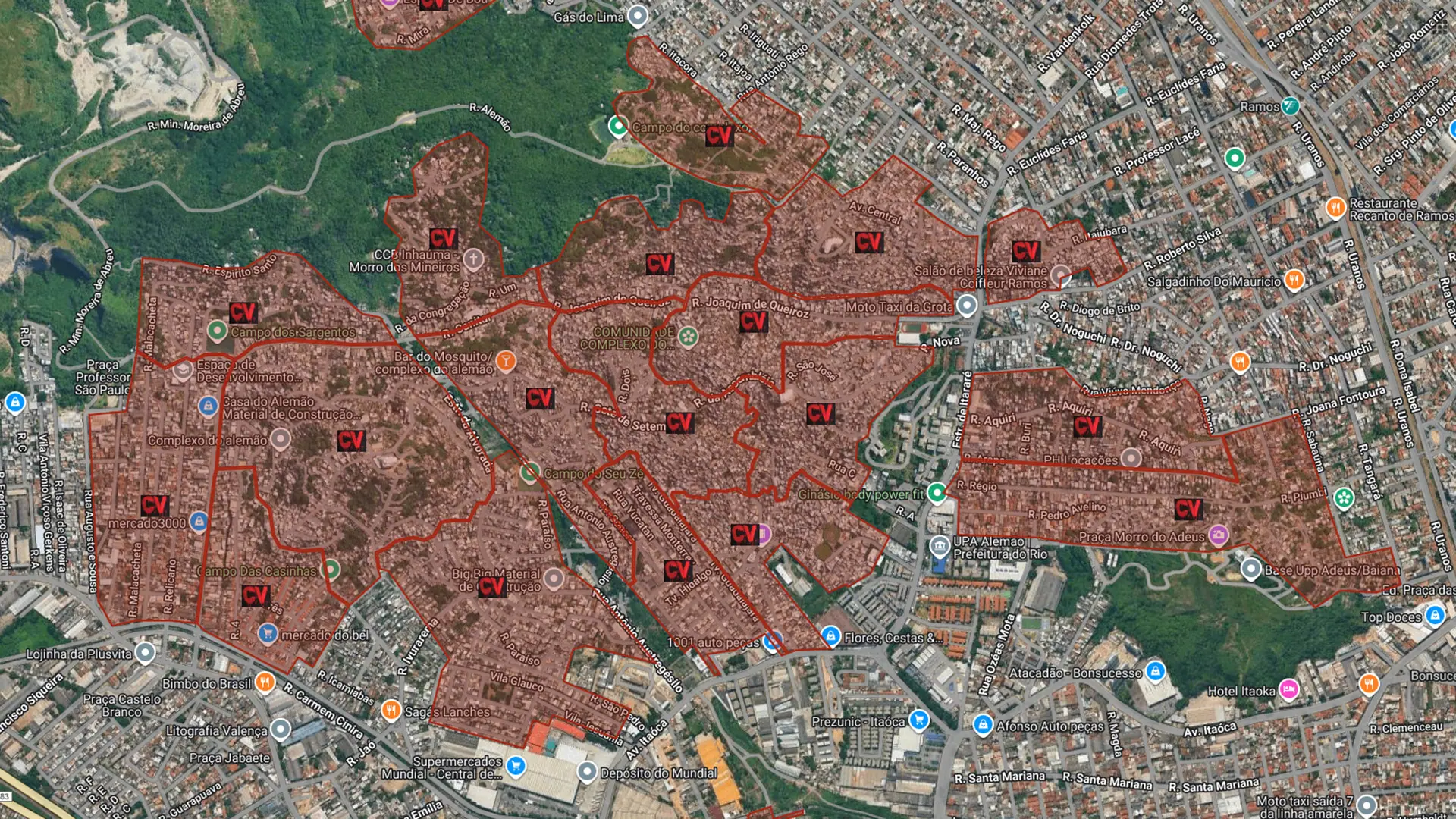 Complexo do Alemão é tomado pelo Comando Vermelho | Imagem: Mapa das Facções/Reprodução