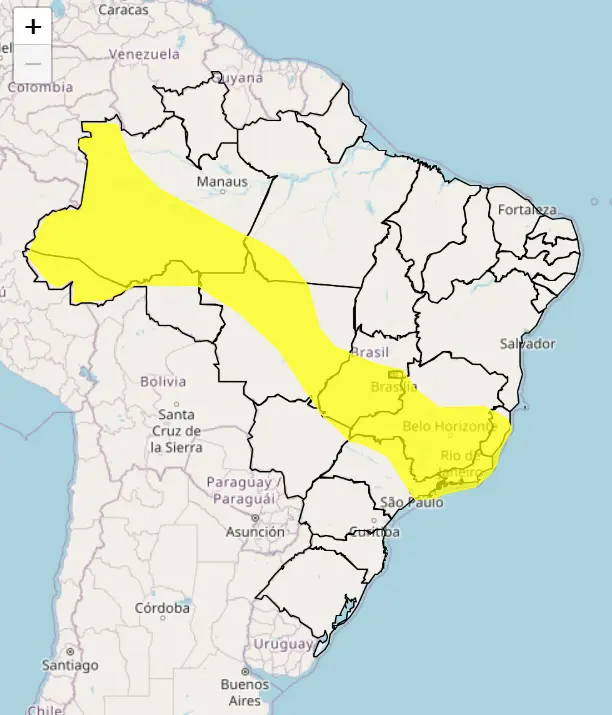 Extensão do alerta amarelo do Inmet para chuvas intensas | Foto: Reprodução/Inmet