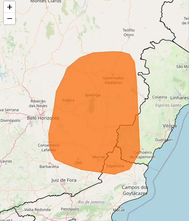 Área de extensão do alerta laranja do Inmet, válido para Minas Gerais, Rio de Janeiro e Espírito Santo | Foto: Reprodução/Inmet