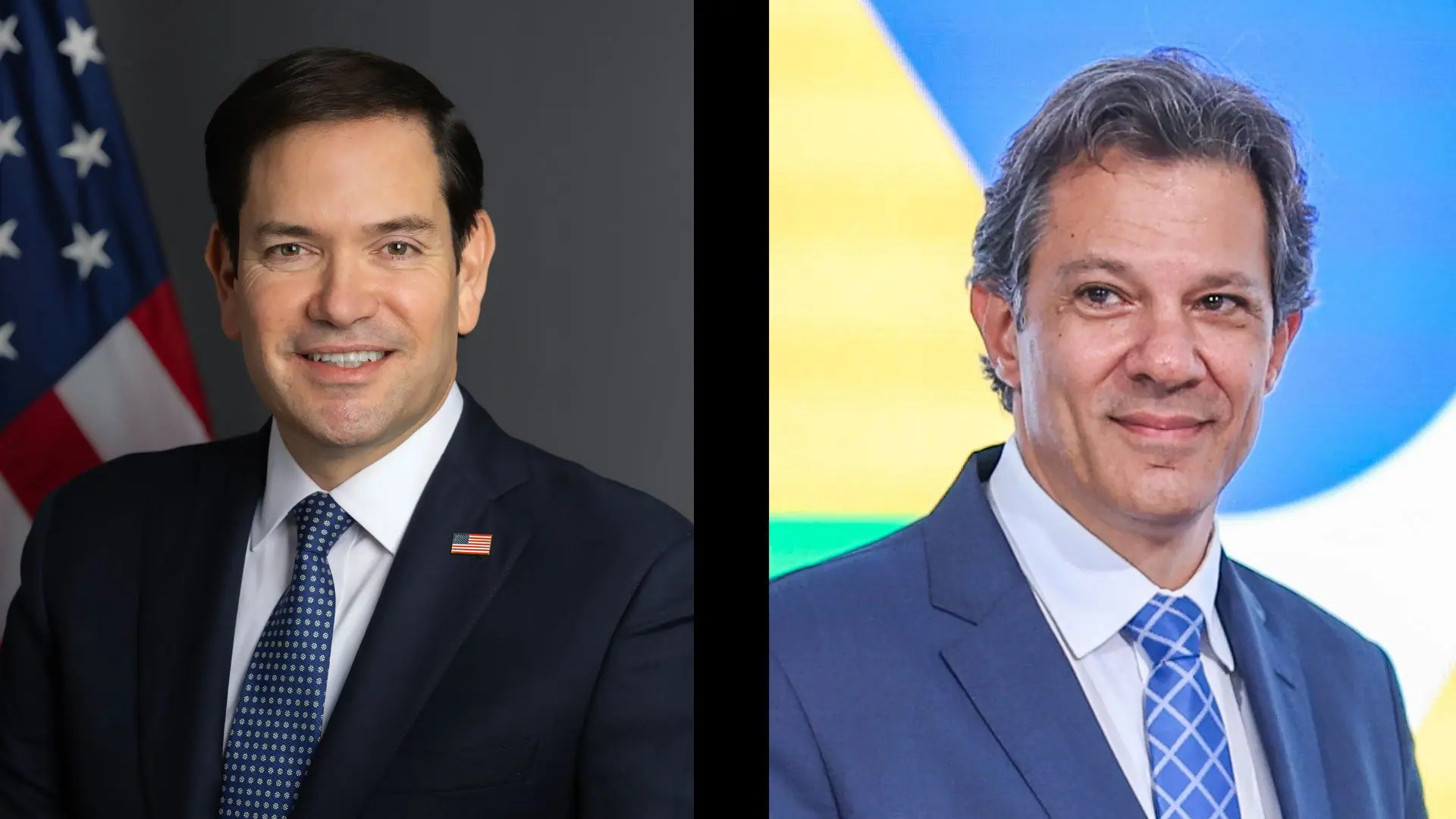 O secretário de Estado dos EUA, Marco Rubio (esq.); e o ministro da Economia de Lula, Fernando Haddad (dir.)